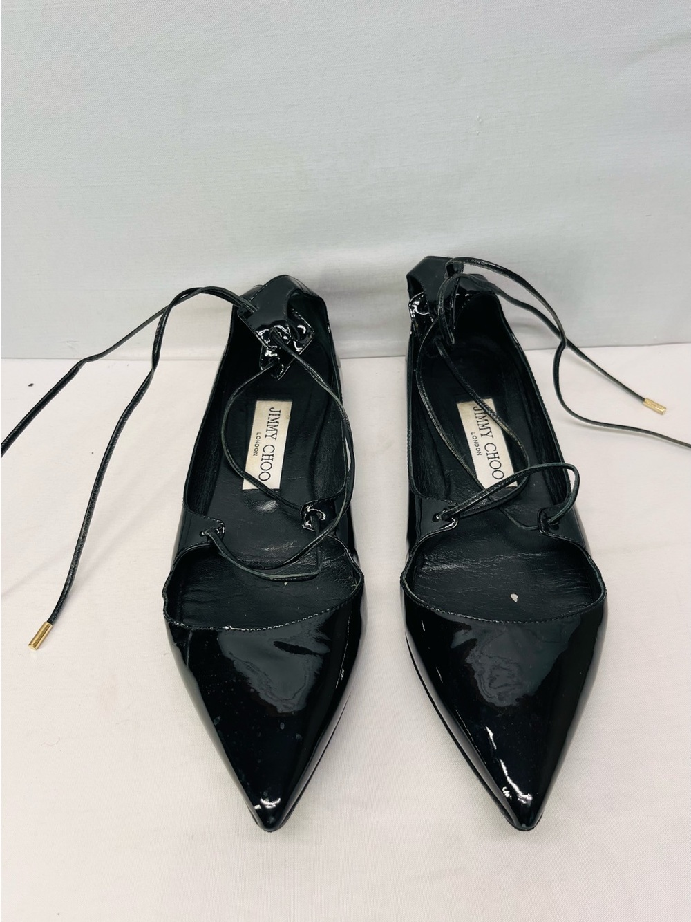 Jimmy Choo Black Patent Pointed Lace-Up Flats with Ankle Ties